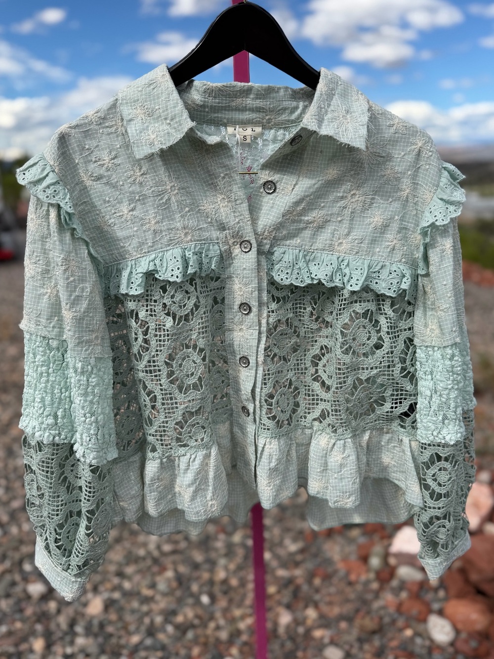 POL Clothing Boho Lace Crochet Embroidered Ruffle Blouse Mint Green S NWOT